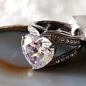 Stainless Steel Heart Faux Diamond Statement Cocktail Ring Size 6
